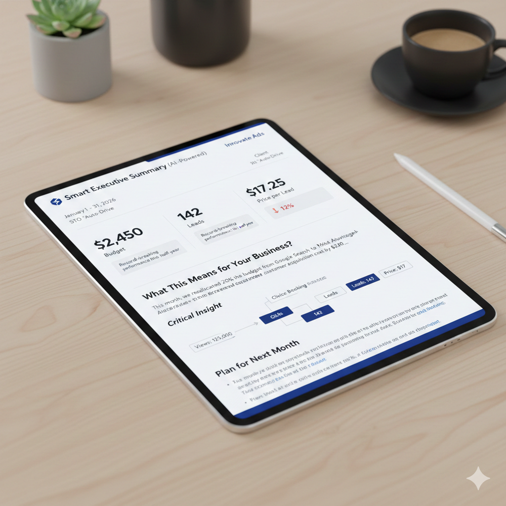 Example of a client-ready PPC report for Google Ads and Meta Ads